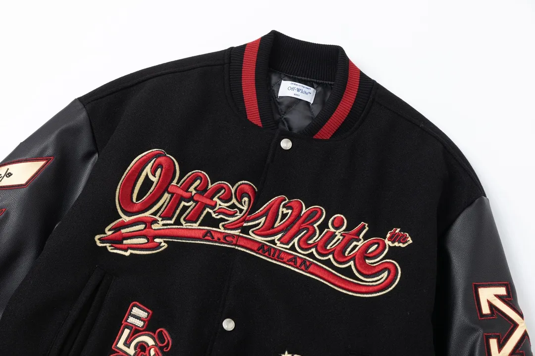 S39#P700, offwhite24ss heavily embroidered leather baseball down jacket, woolen fabric couple's jacket, black size: S M L XL